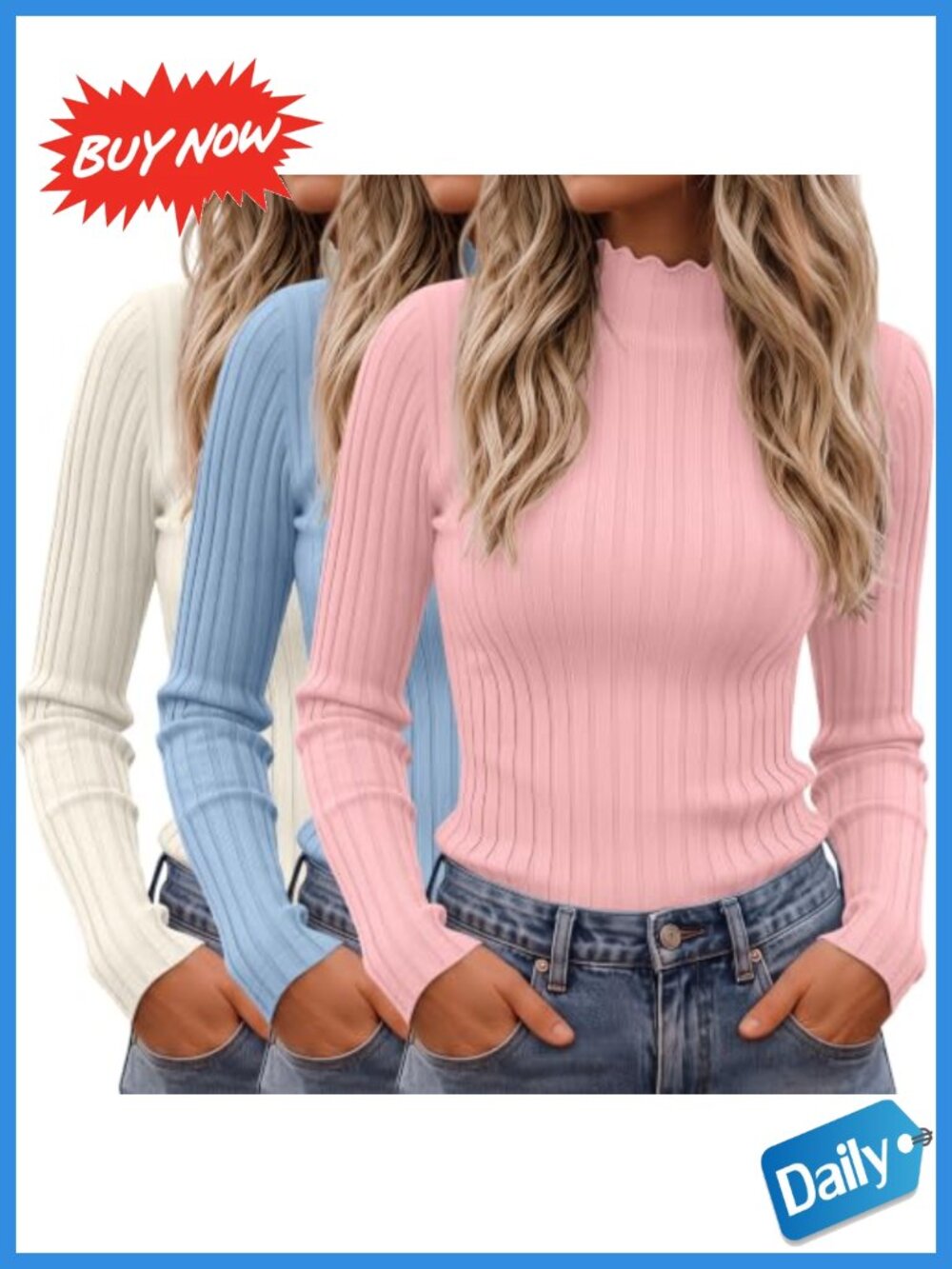 Women's Long Sleeve Mock Neck Ribbed Knit Lettuce Trim Tops 3 Pack